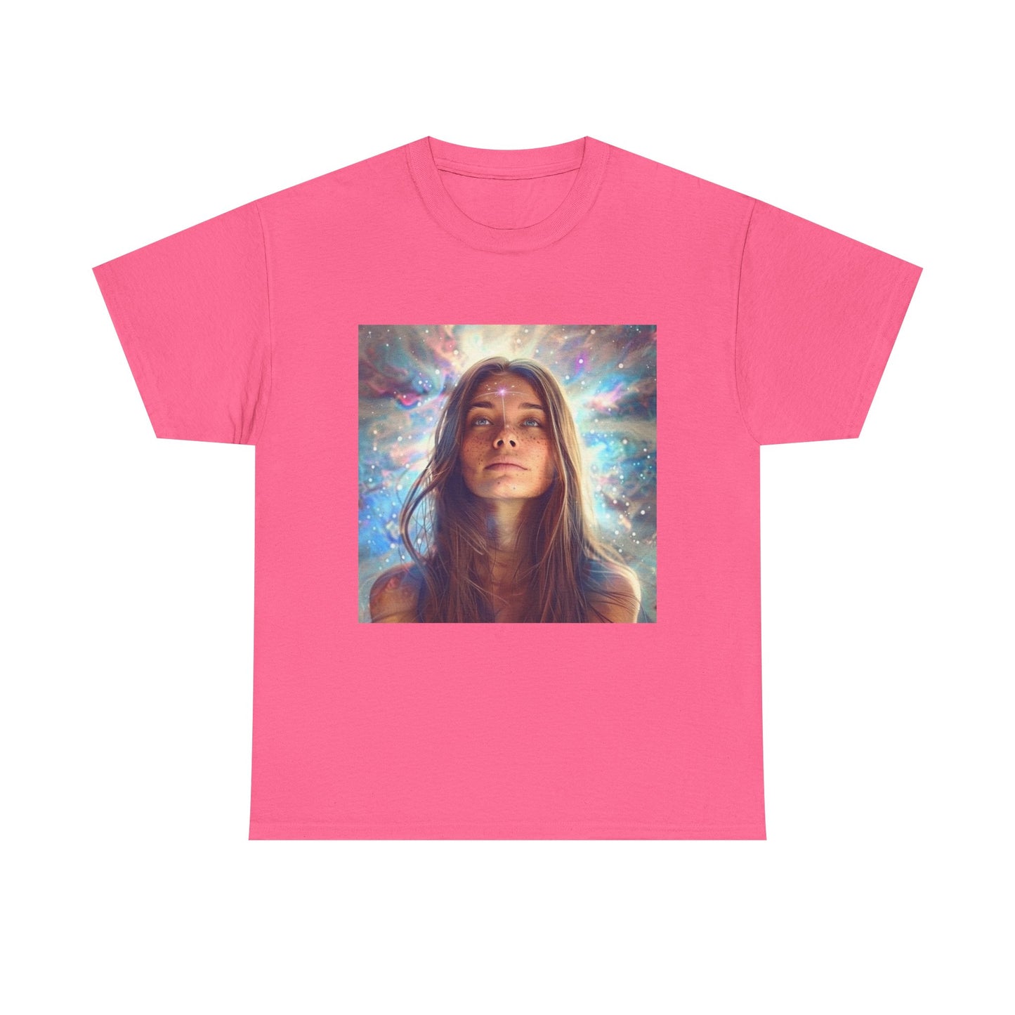 Cosmic vibes t-shirt in pink featuring a vibrant graphic design of a dreamy cosmic scene