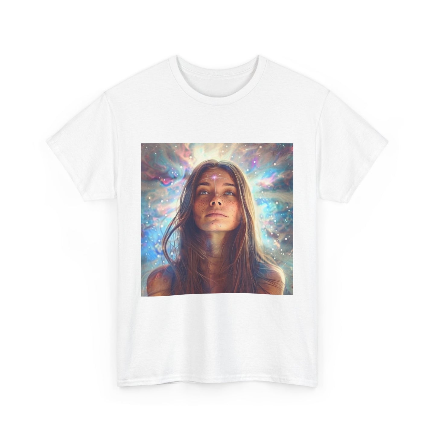 Cosmic vibes t-shirt featuring a beautiful galaxy design with a woman looking upward