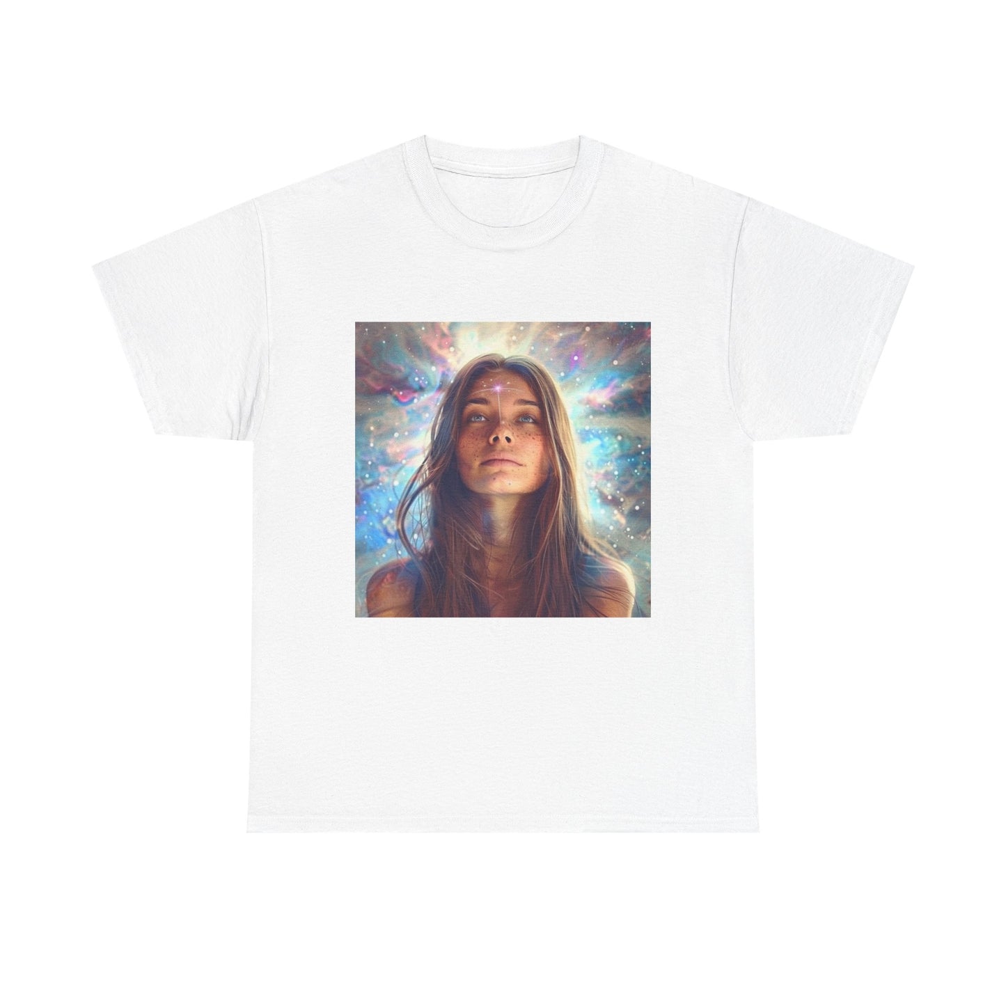 Cosmic vibes t-shirt featuring a woman with a cosmic background in vibrant colors