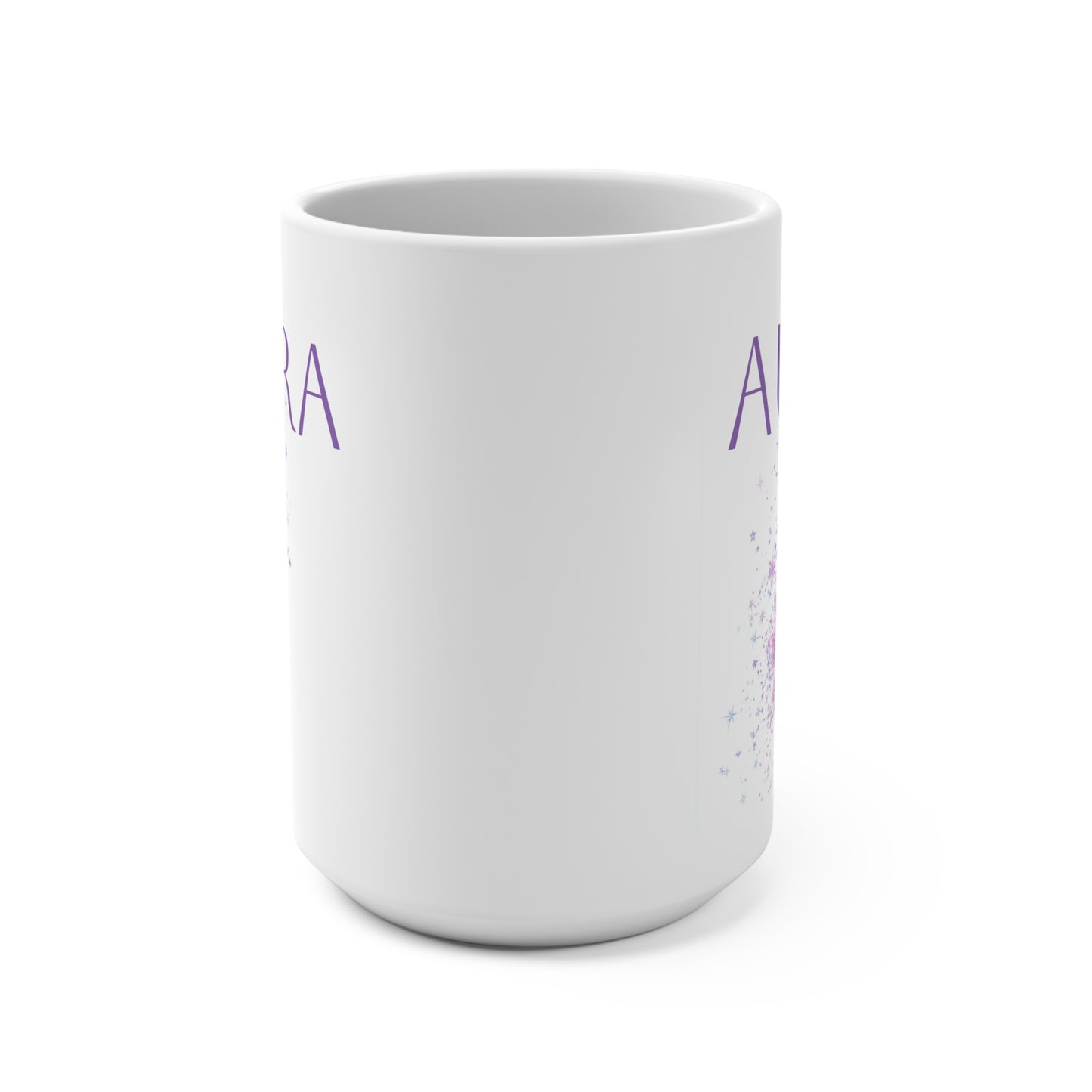 Printify white ceramic aura mug with purple text and pastel starburst design ideal for coffee or tea