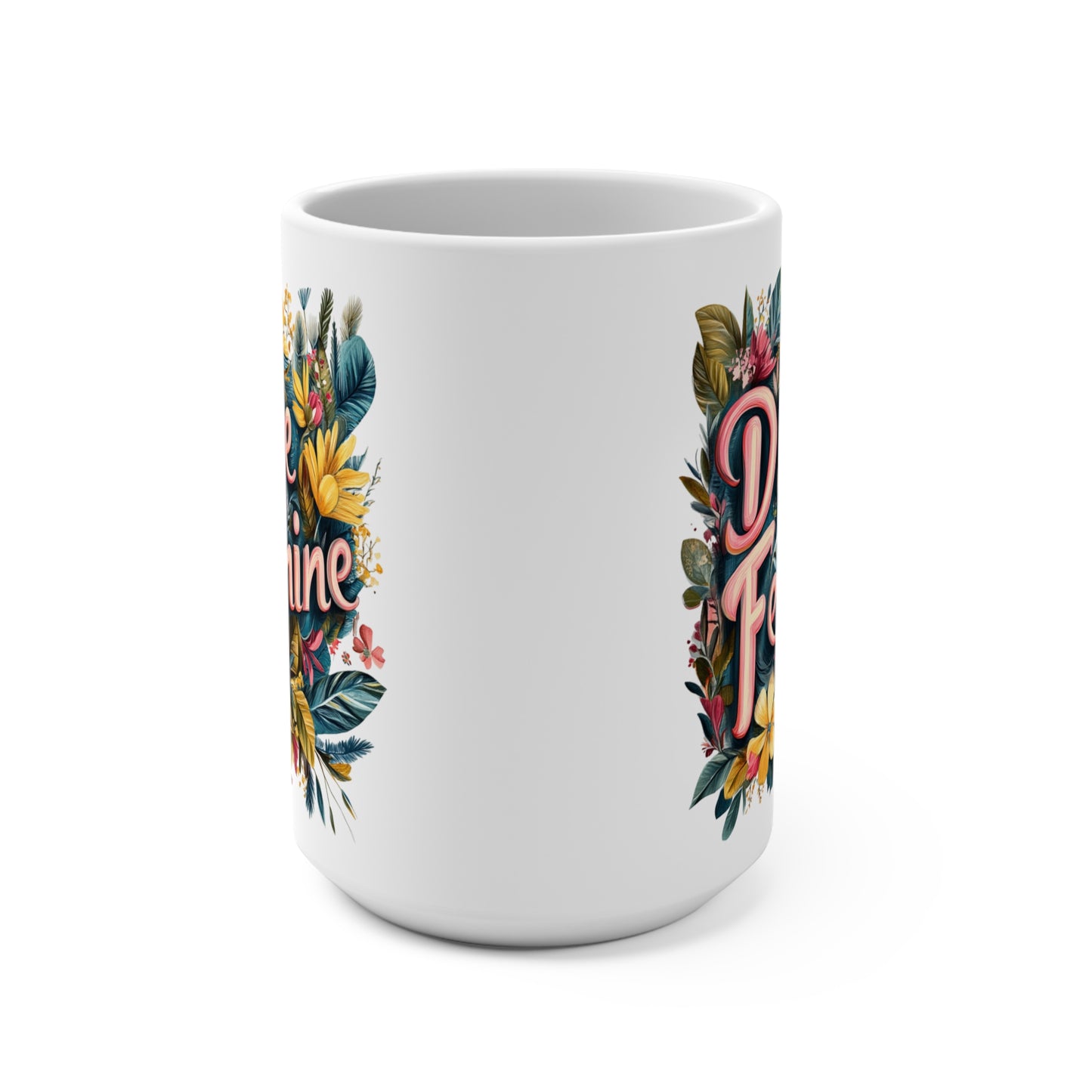 Colorful Divine Feminine Coffee Mug with Floral Design and Elegant Typography