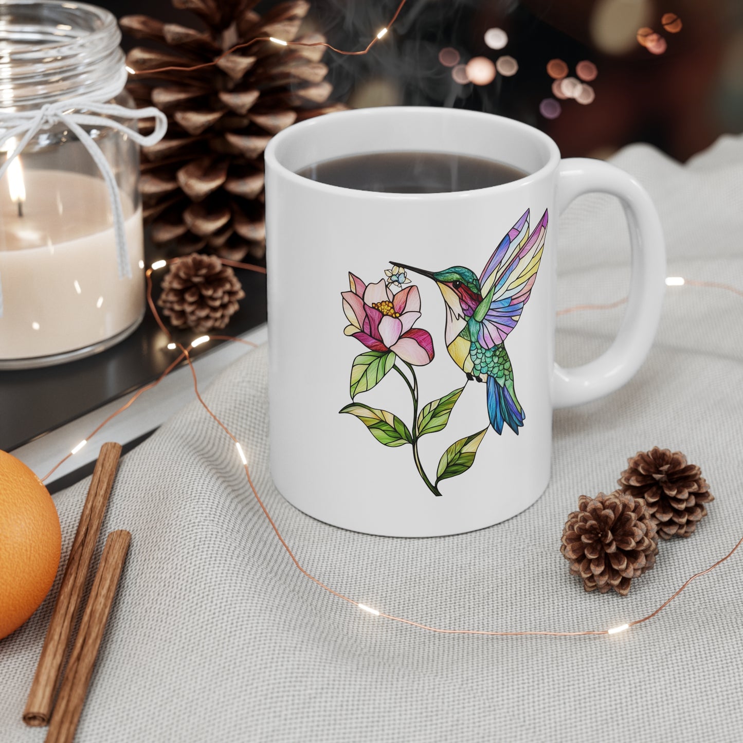 Floral Art Mug featuring a colorful hummingbird and flower design, perfect for coffee lovers