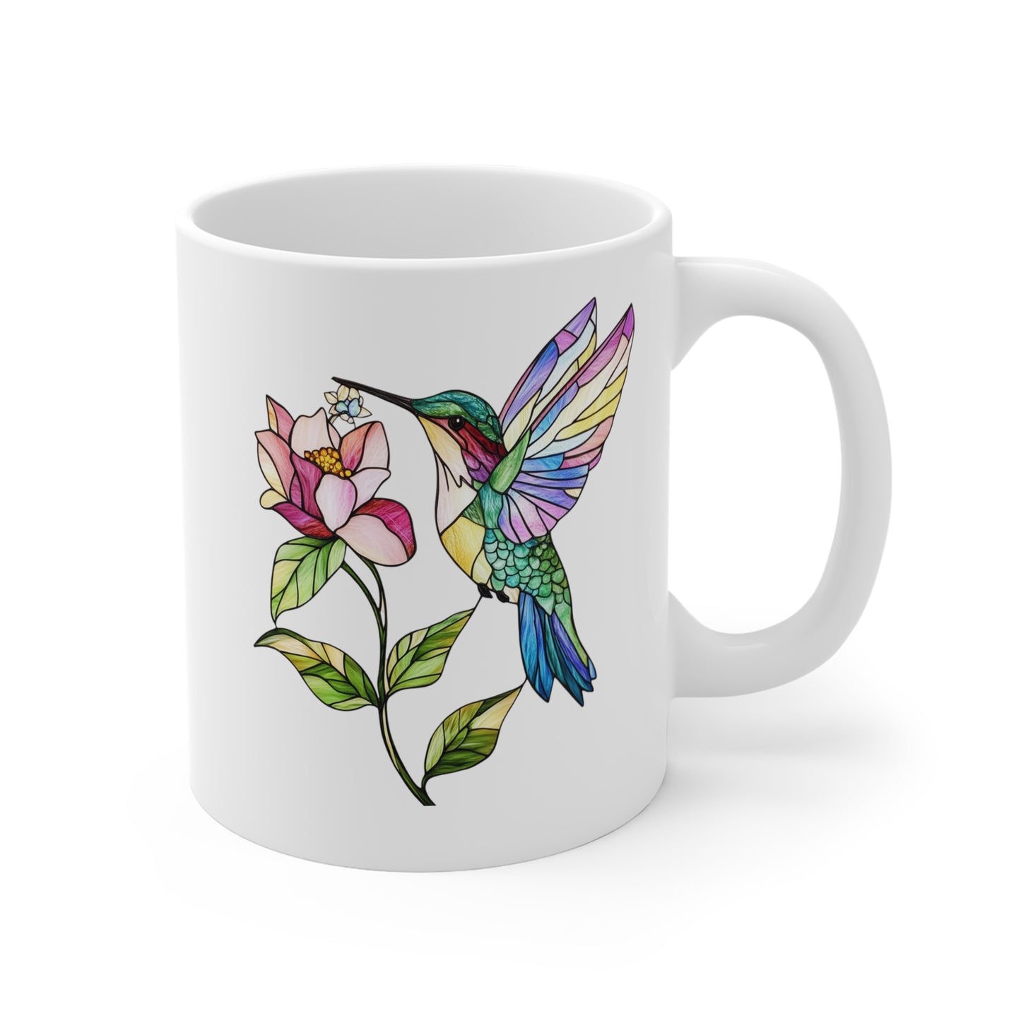 Floral Art Mug featuring a colorful hummingbird and flower design for vibrant drinkware