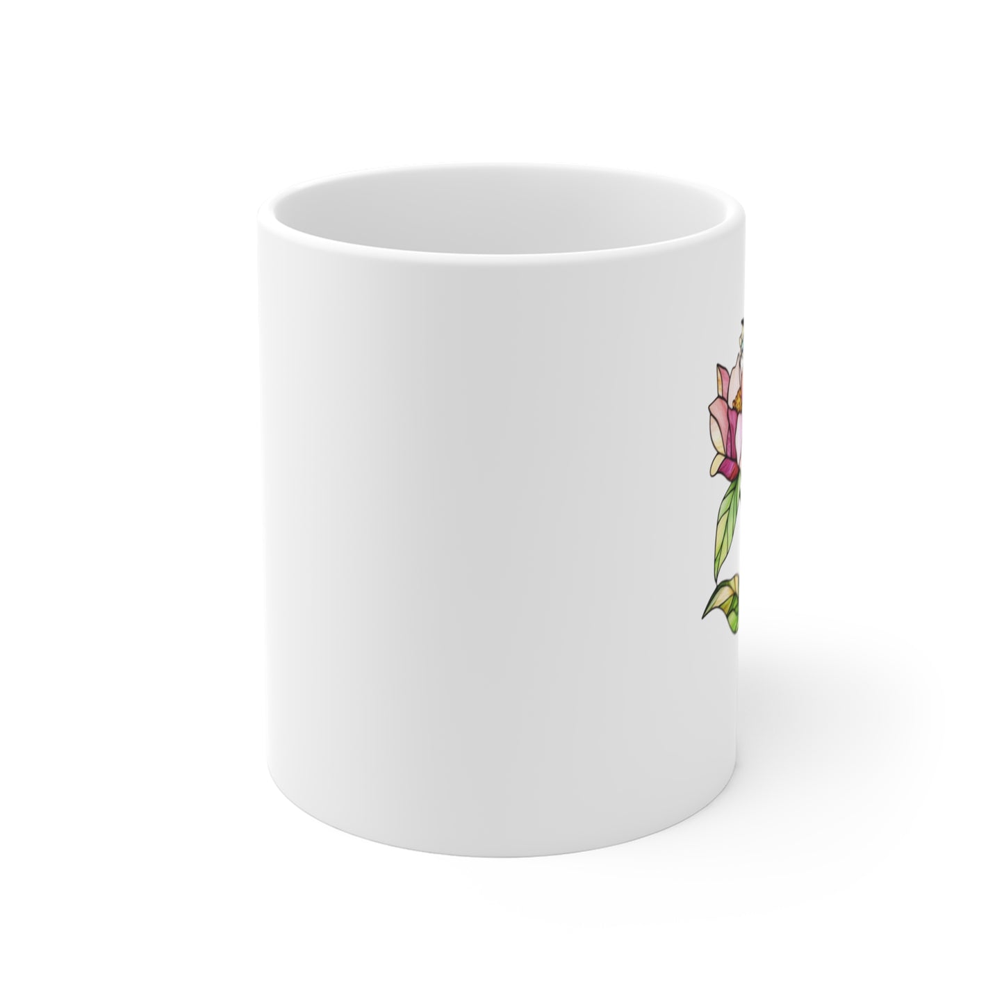 White Floral Art Mug featuring a beautiful flower design on one side