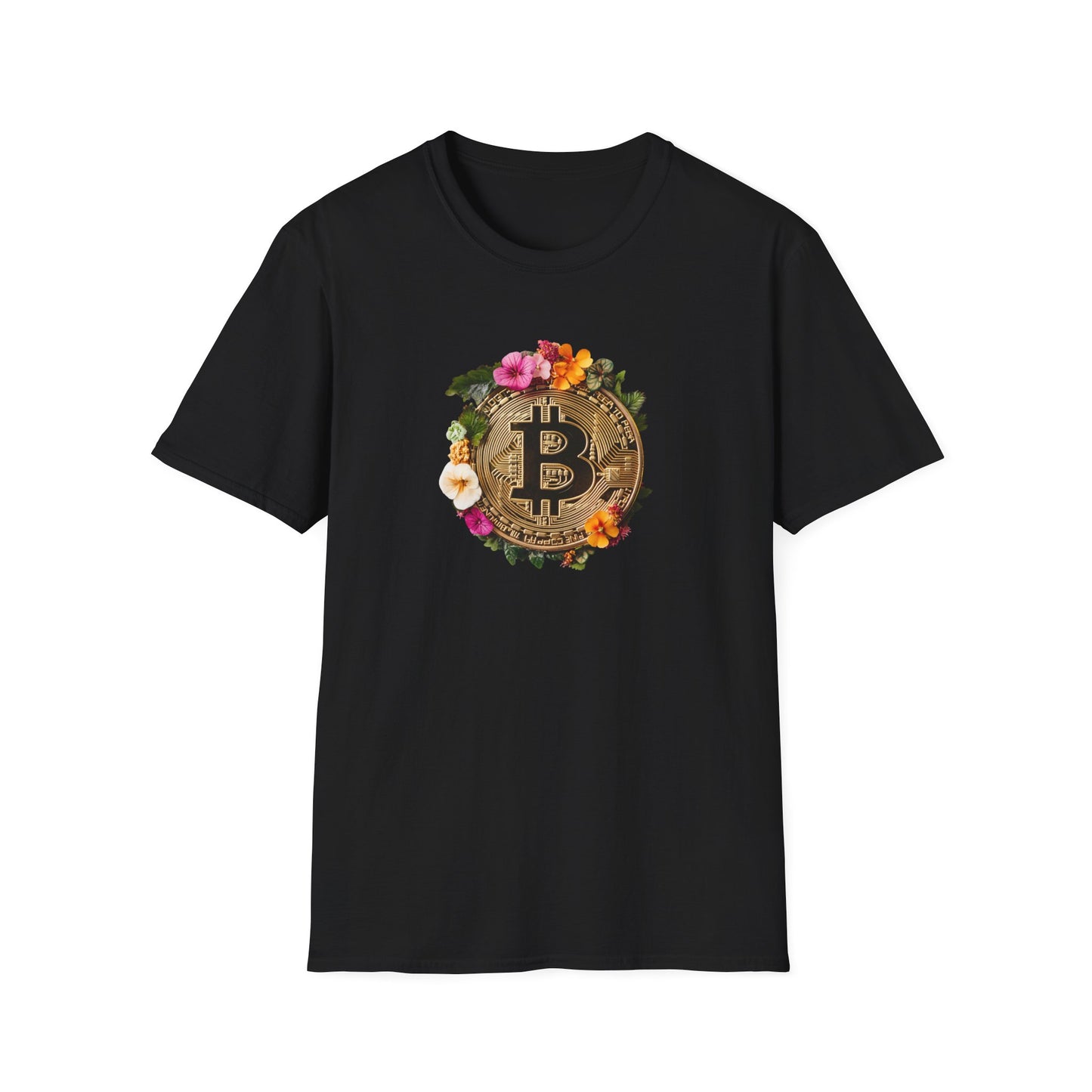 Black floral bitcoin t-shirt featuring a floral design around a bitcoin symbol