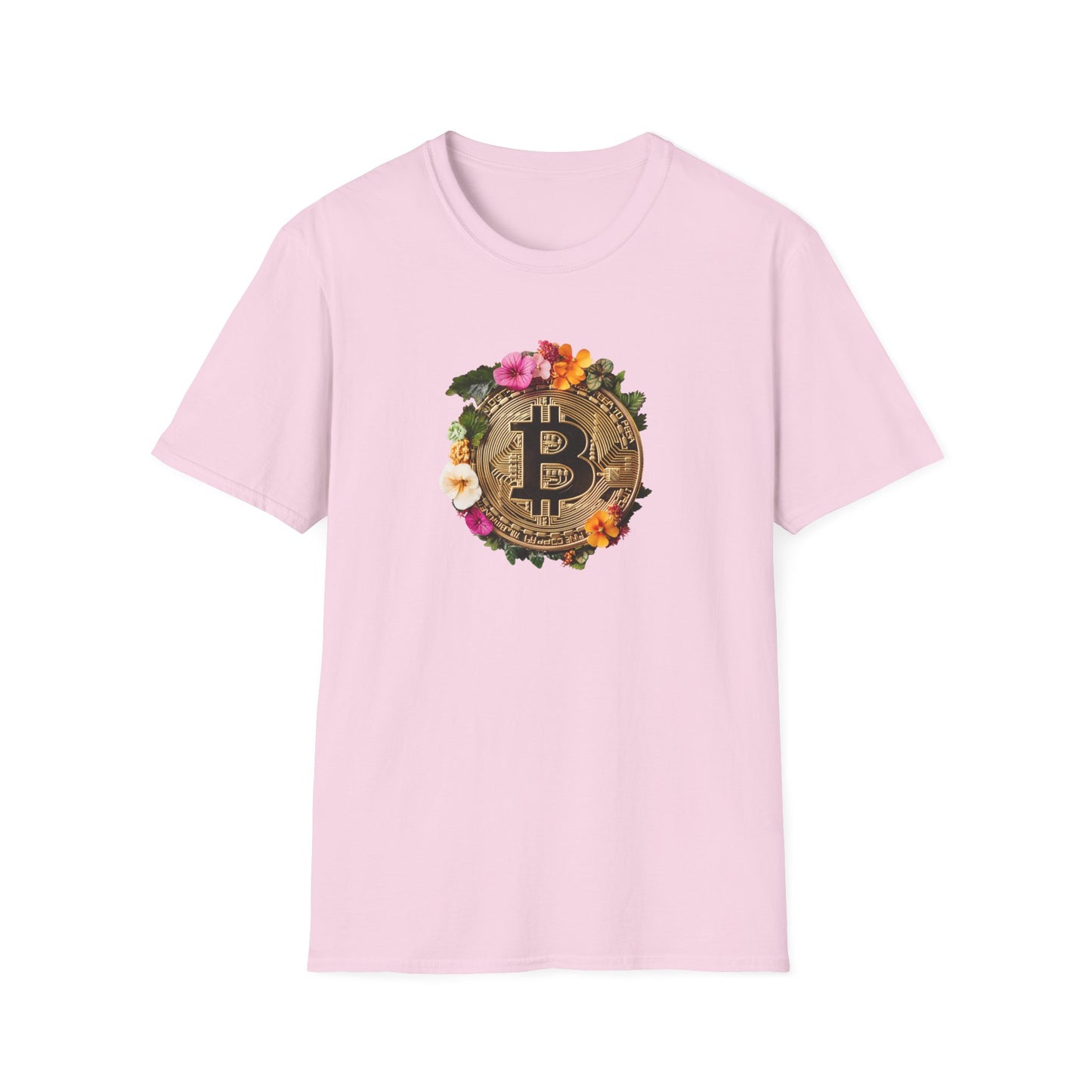 Floral Bitcoin T-Shirt in light pink featuring a vibrant floral design around the bitcoin symbol