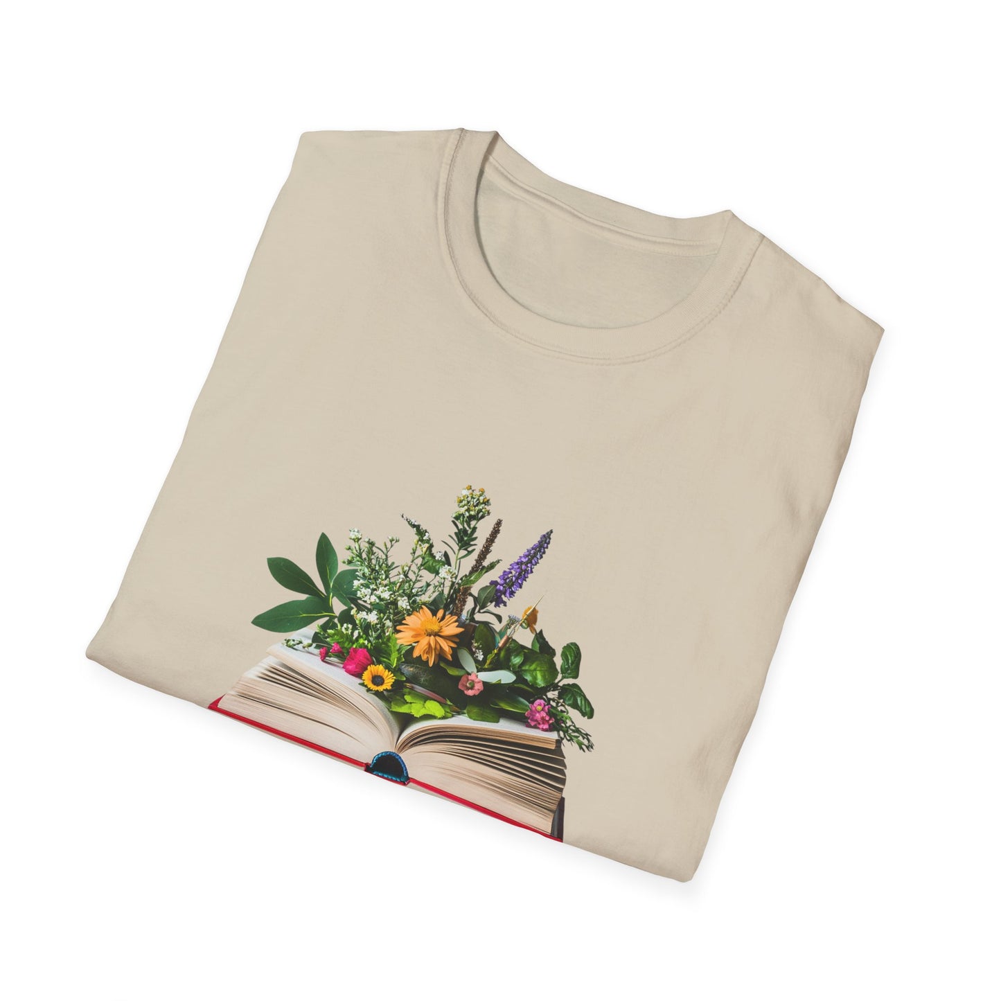 Beige floral book lover t-shirt featuring an illustrated book with colorful flowers on top