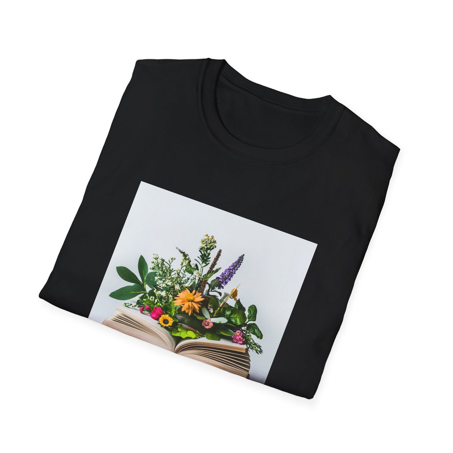 Floral book lover t-shirt featuring a vintage book with colorful flowers on a black background