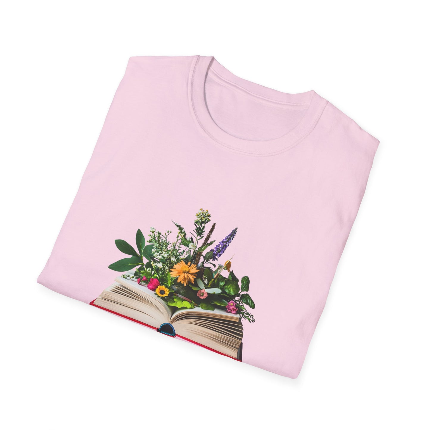 Floral book lover t-shirt featuring a pink design with flowers growing from an open book