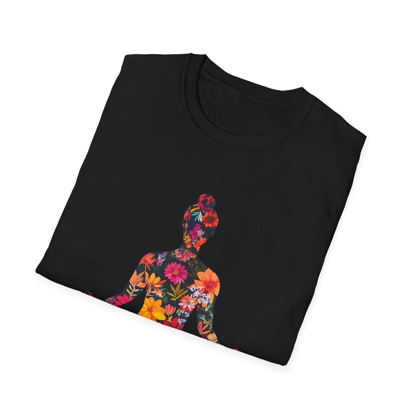 Floral Buddha T-Shirt in black with vibrant floral pattern creating a Buddha silhouette