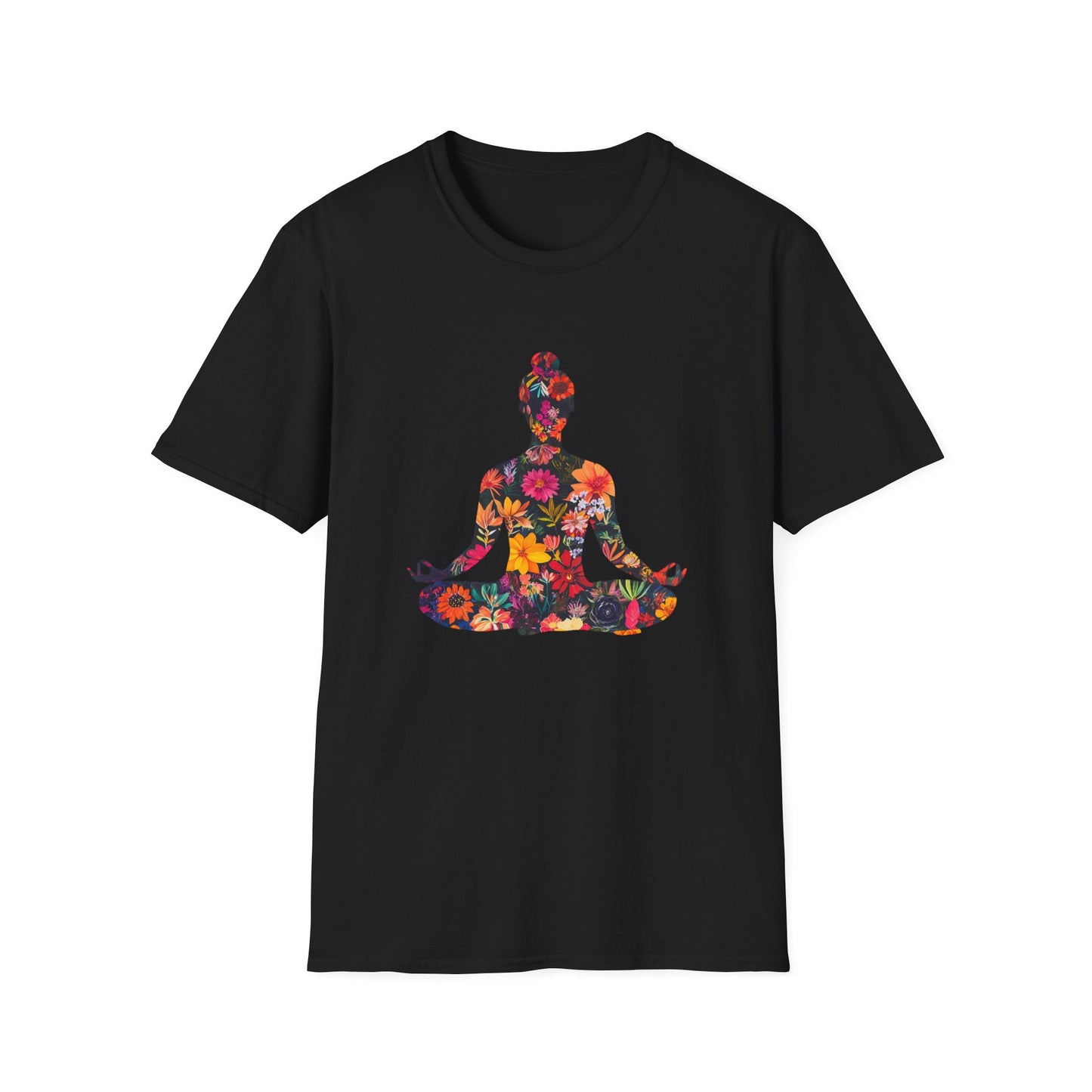 Floral Buddha t-shirt featuring a colorful flower design on a black background
