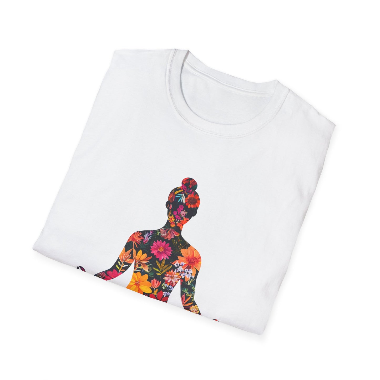 Floral Buddha T-Shirt featuring a colorful floral design on a white background