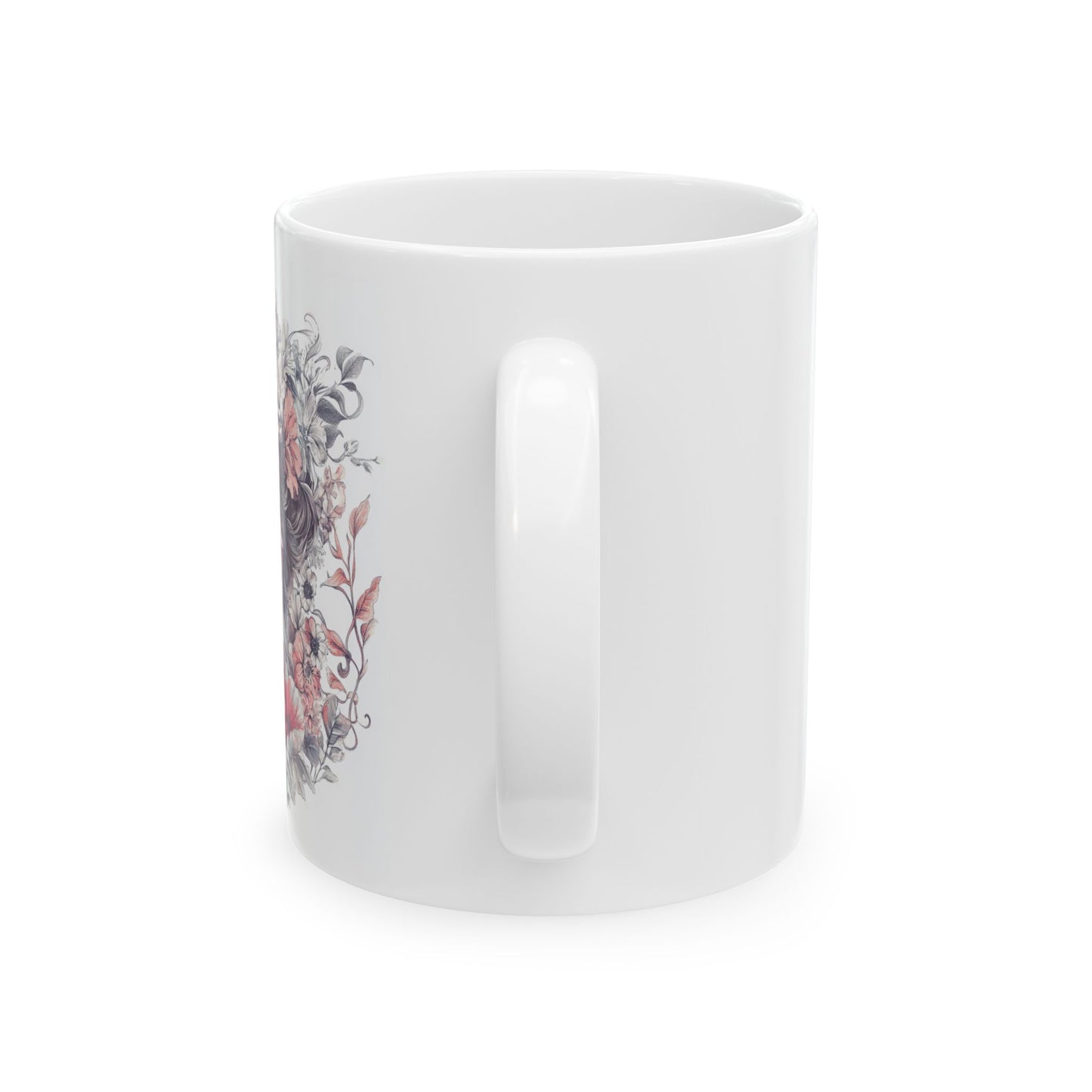 Floral butterfly ceramic mug featuring elegant floral designs on a white background