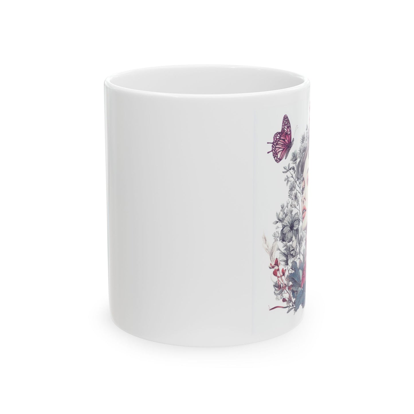 Floral butterfly ceramic mug featuring a beautiful butterfly design with floral elements