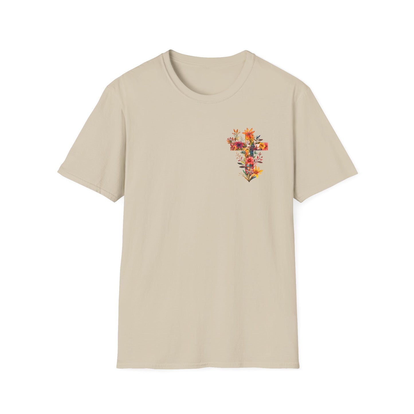 Beige floral cross t-shirt featuring a vibrant floral design on the front for a stylish look