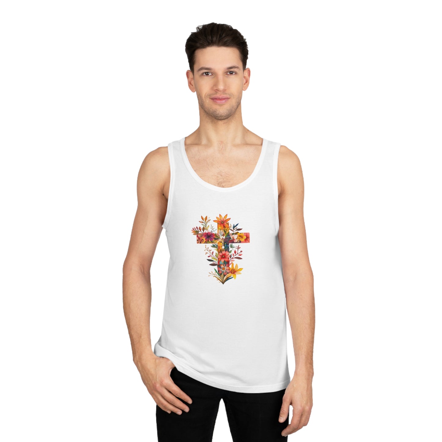 Floral cross tank top featuring a vibrant floral design on a white background for stylish summer wear