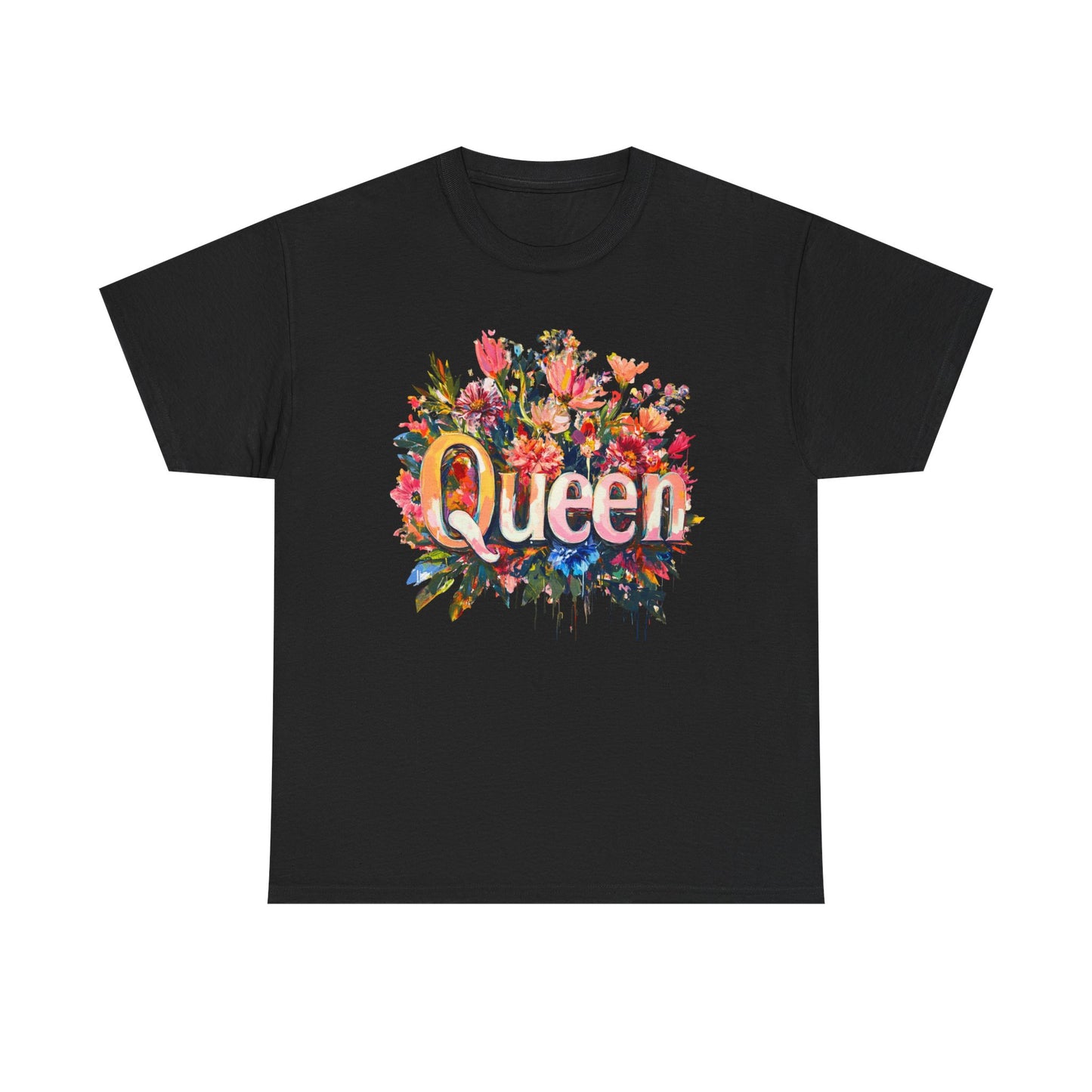 Black queen floral t-shirt featuring vibrant flower graphics and colorful lettering