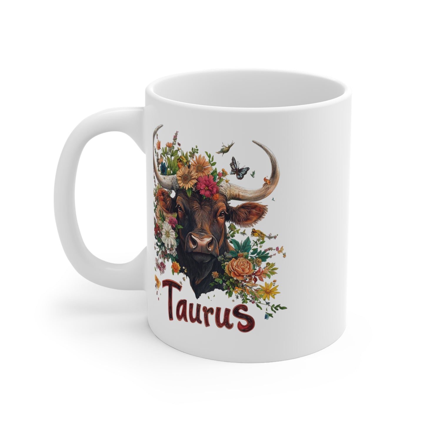 Floral Taurus coffee cup featuring a bull's head surrounded by colorful flowers and butterflies