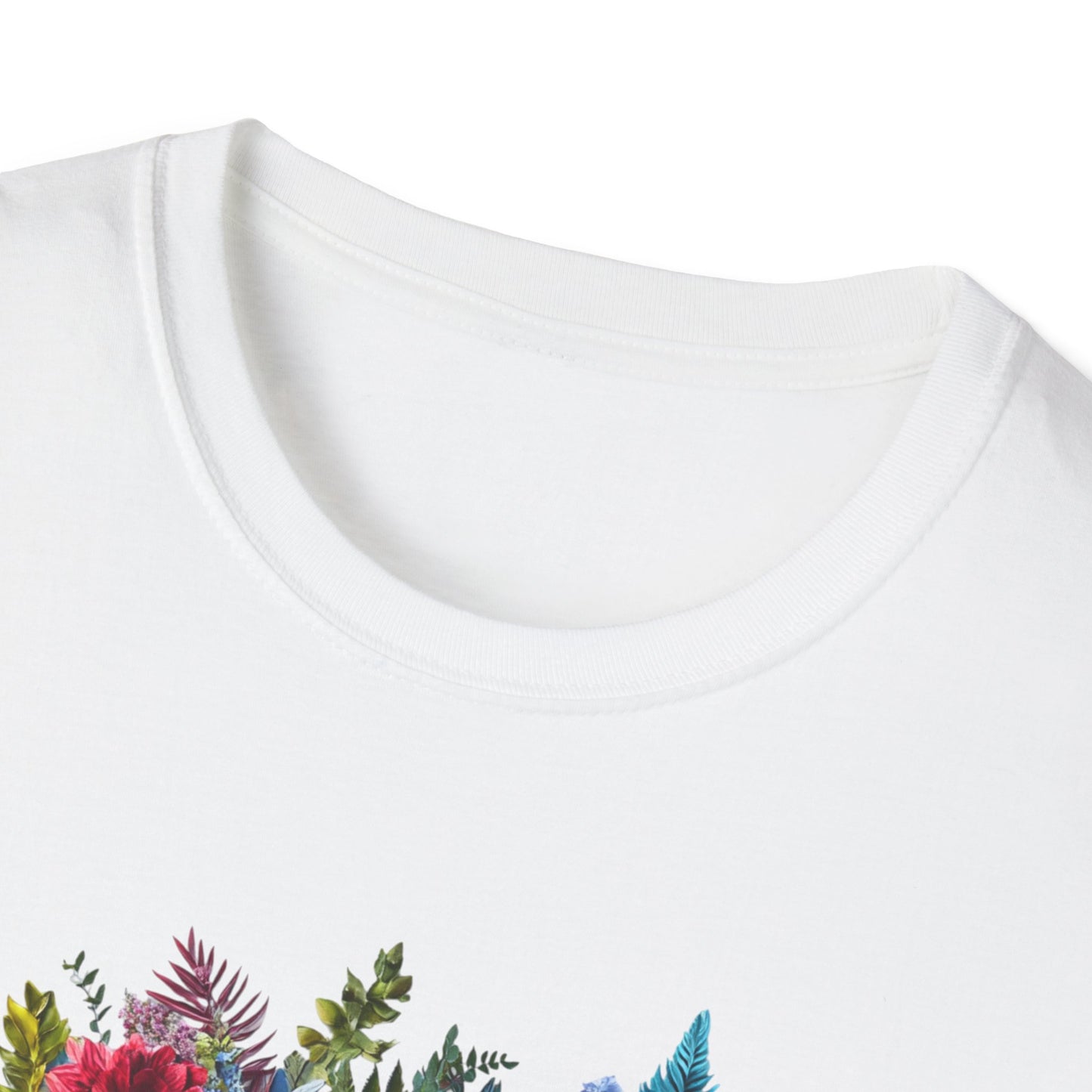 Close-up of a goddess floral t-shirt showcasing vibrant floral designs on a white background