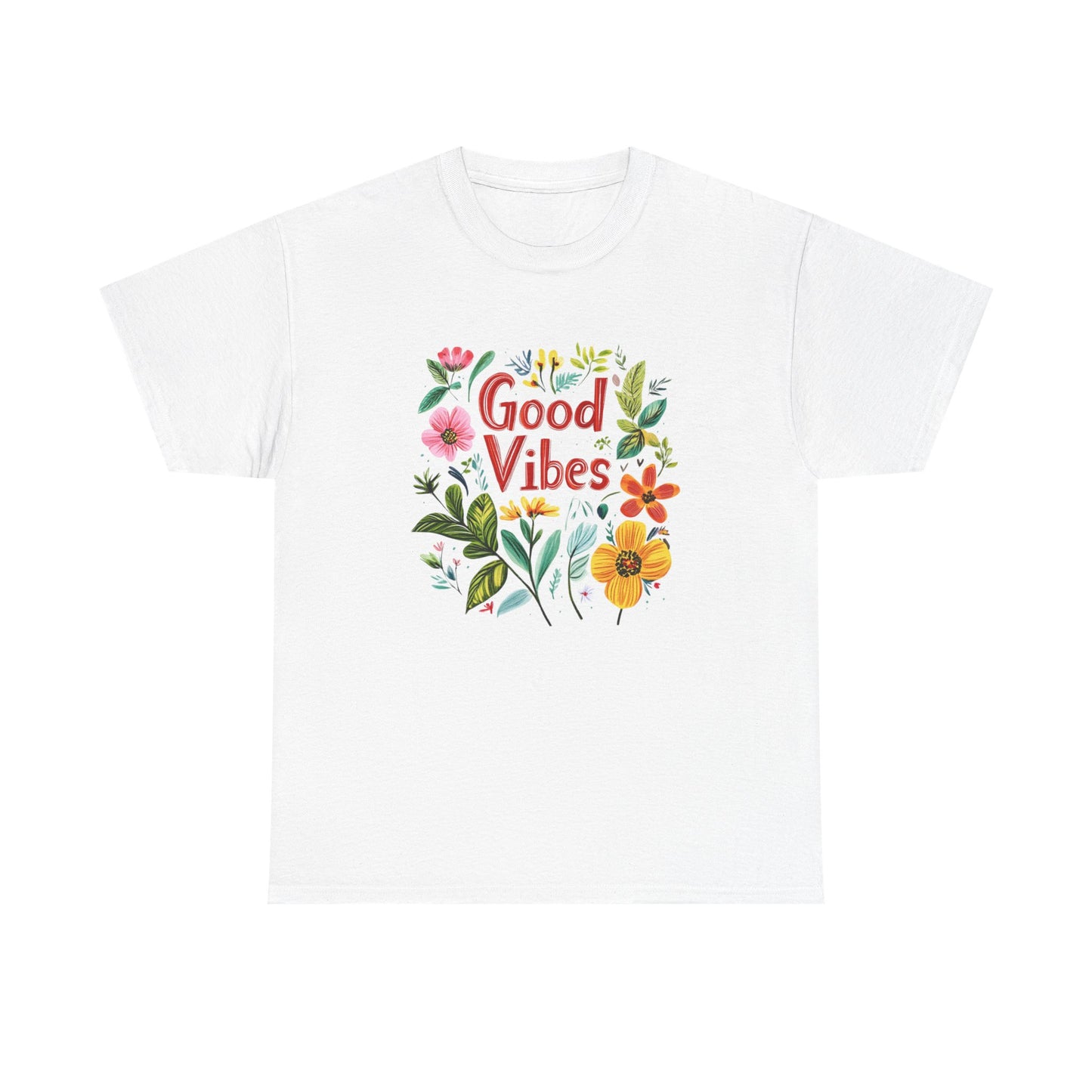 Good vibes floral t-shirt featuring colorful floral designs on a white background