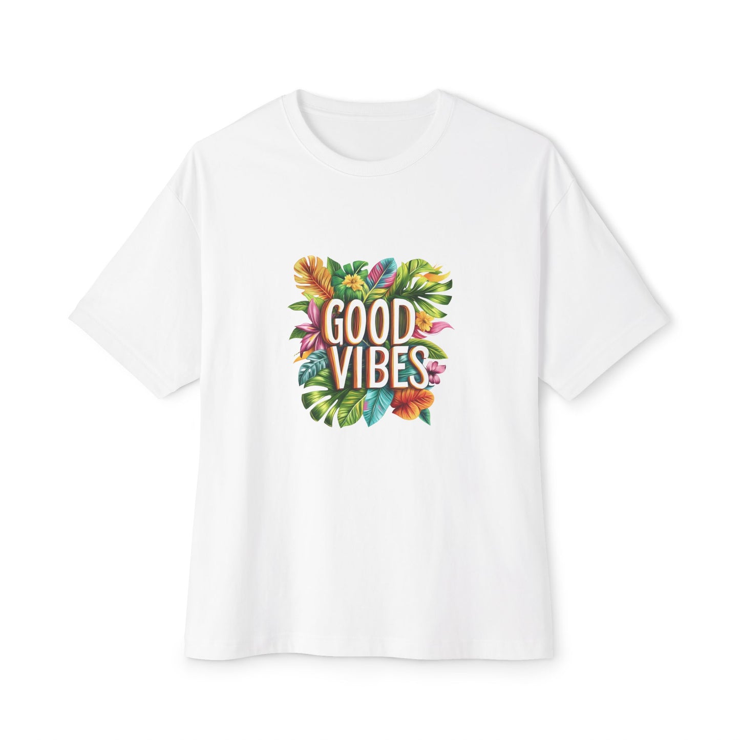 Good vibes oversized t shirt in white with colorful tropical print on the front