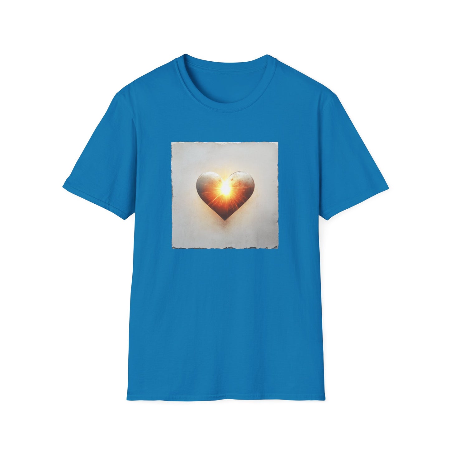 Blue heart graphic t-shirt featuring a vibrant heart design with a sunny glow