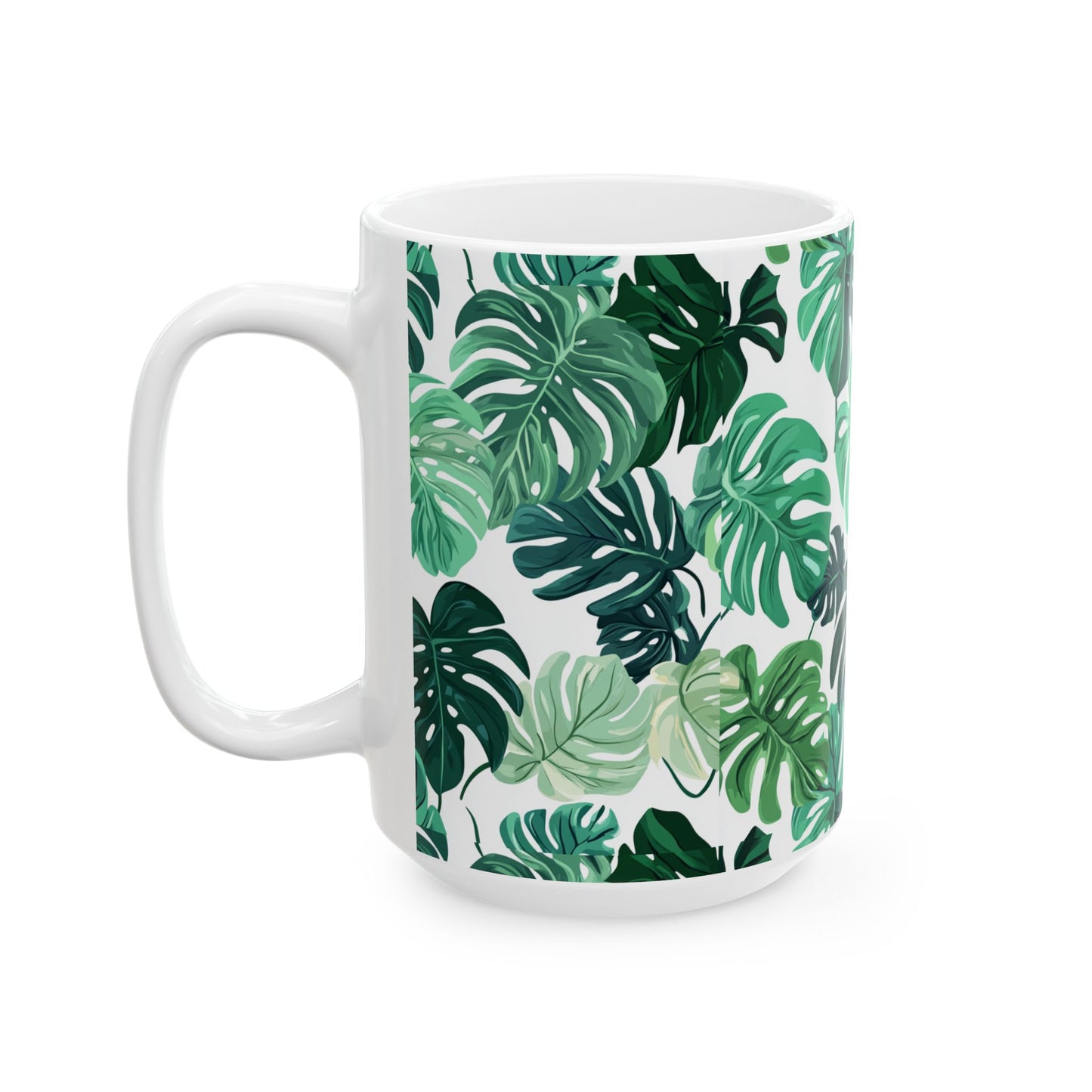Printify white ceramic monstera leaf coffee mug with green tropical leaf wraparound pattern