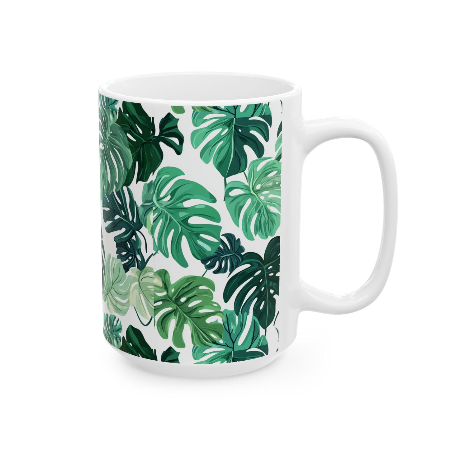 Printify monstera leaf coffee mug white ceramic with green tropical Monstera leaf pattern 15 oz