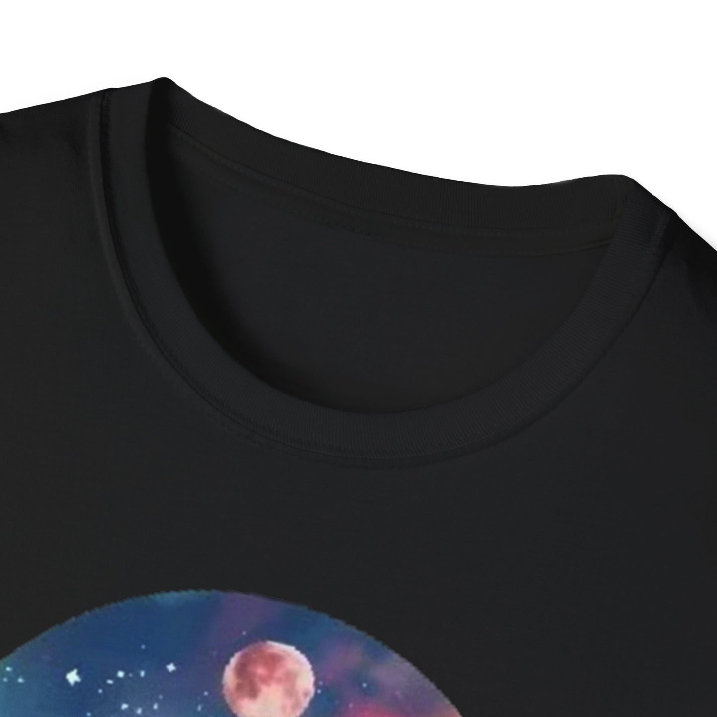 Lotus flower t-shirt with a vibrant celestial print featuring a moon and stars