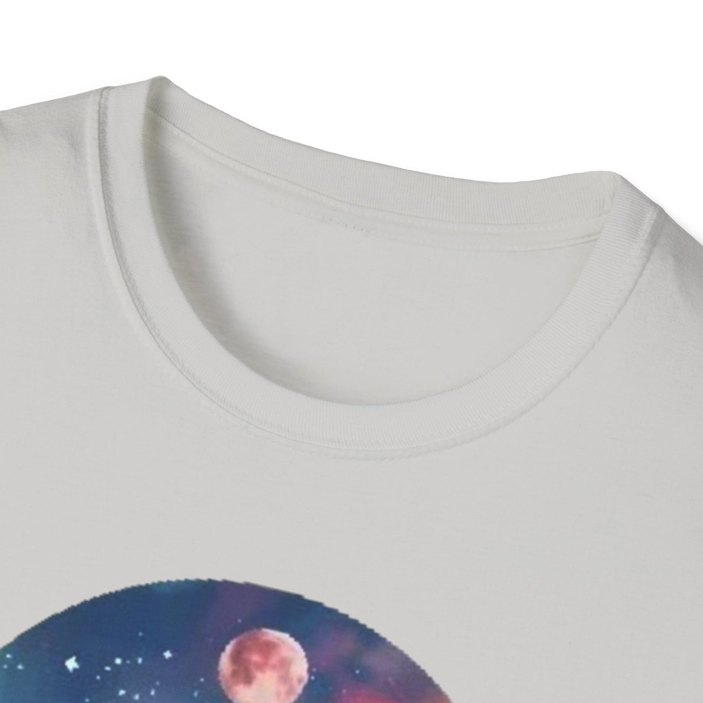 White lotus flower t-shirt featuring a vibrant moon and galaxy design