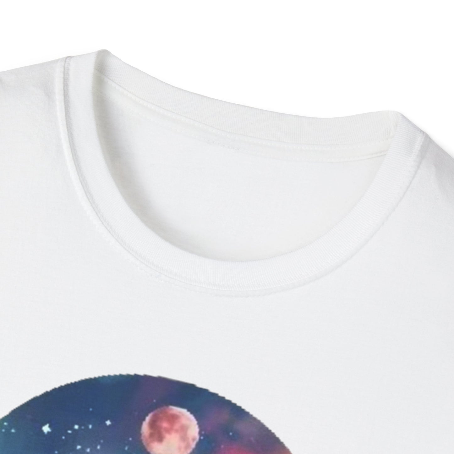 Close-up of the collar of a white lotus flower t-shirt with a colorful celestial design