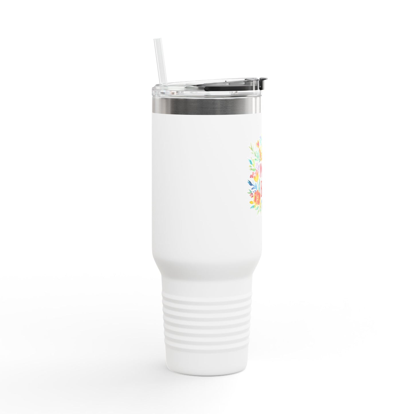 White mom travel mug with floral design and reusable straw for on-the-go drinks