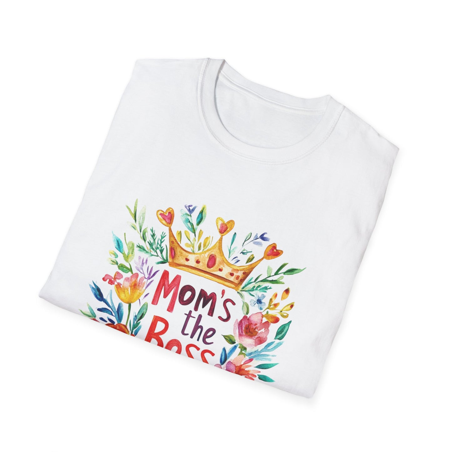 Mom's the boss t-shirt featuring a colorful floral design and crown graphic on a white background