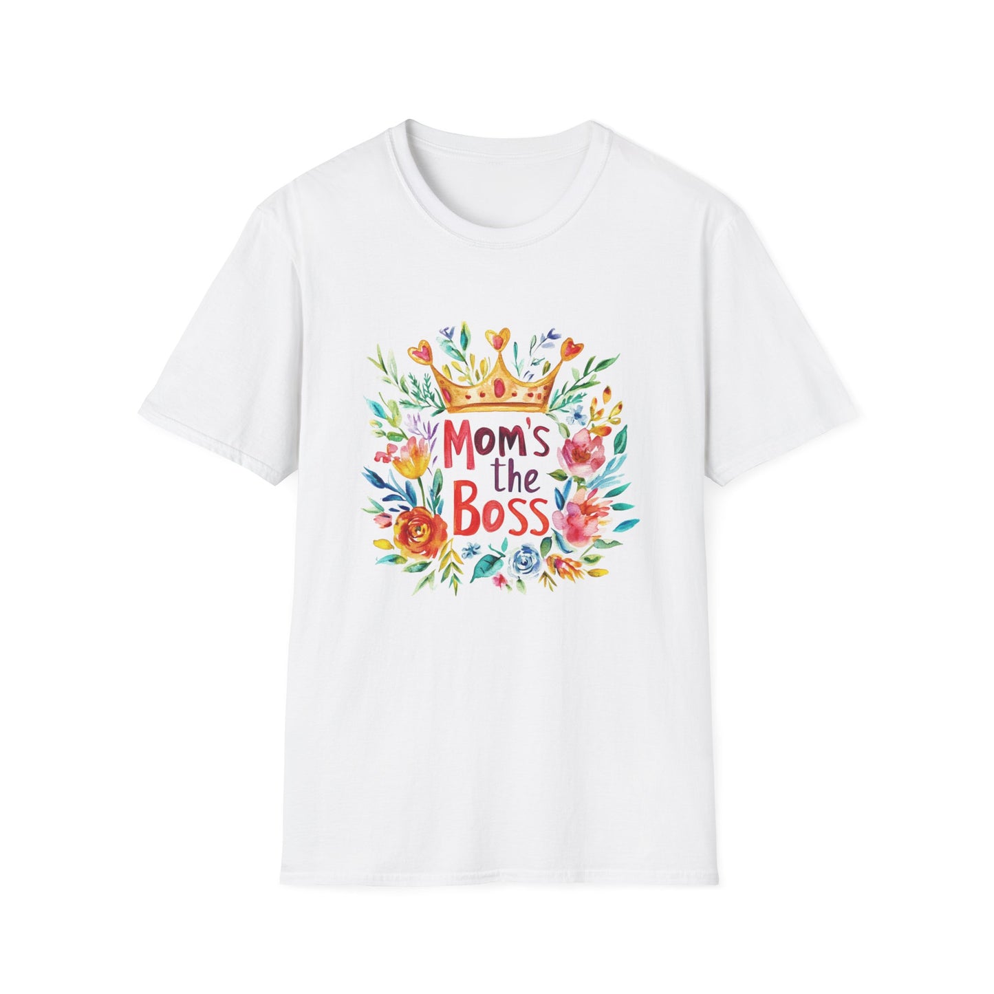 Mom's the boss t-shirt with colorful floral design and crown illustration on a white background