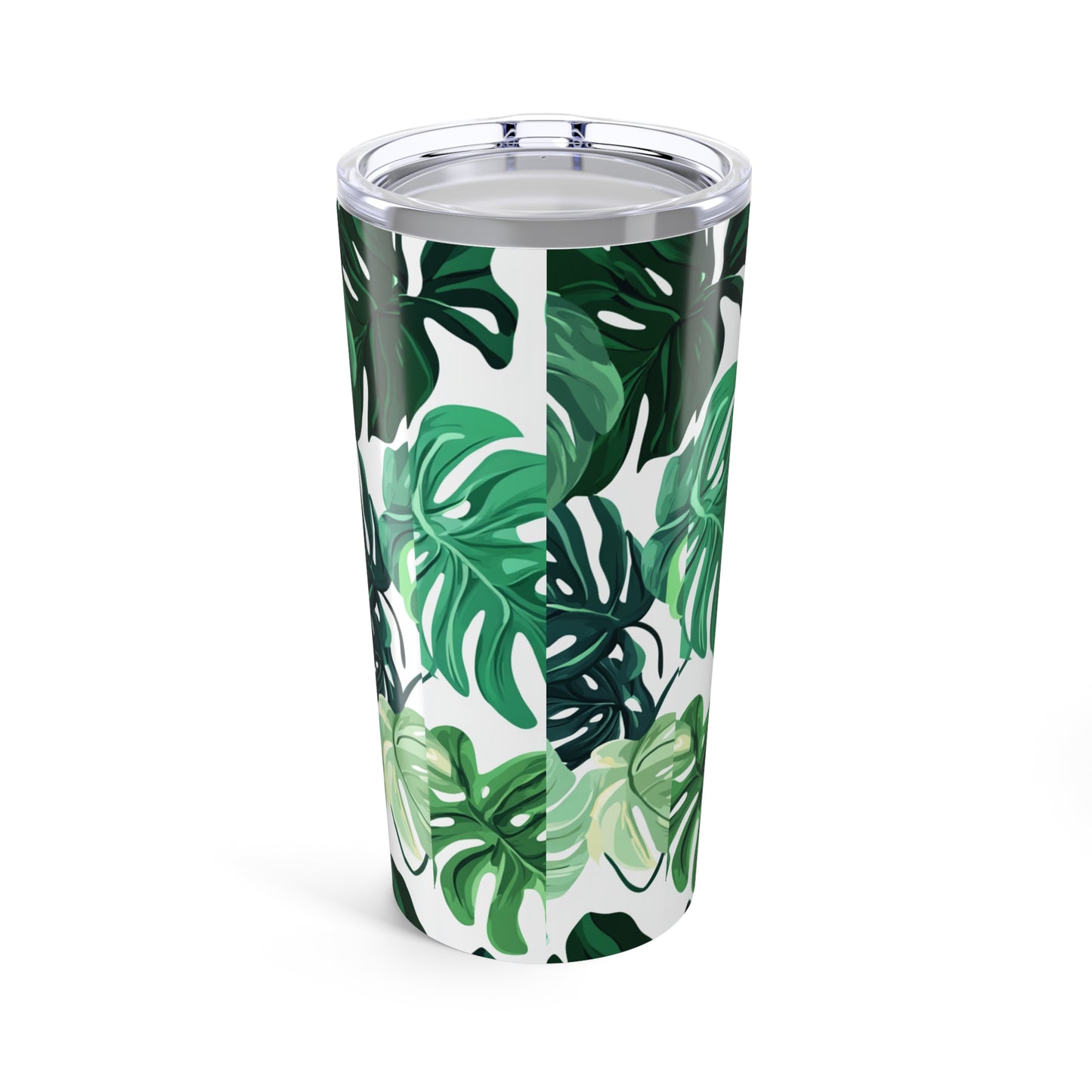 Stylish plant lover travel tumbler featuring a vibrant green tropical leaf design