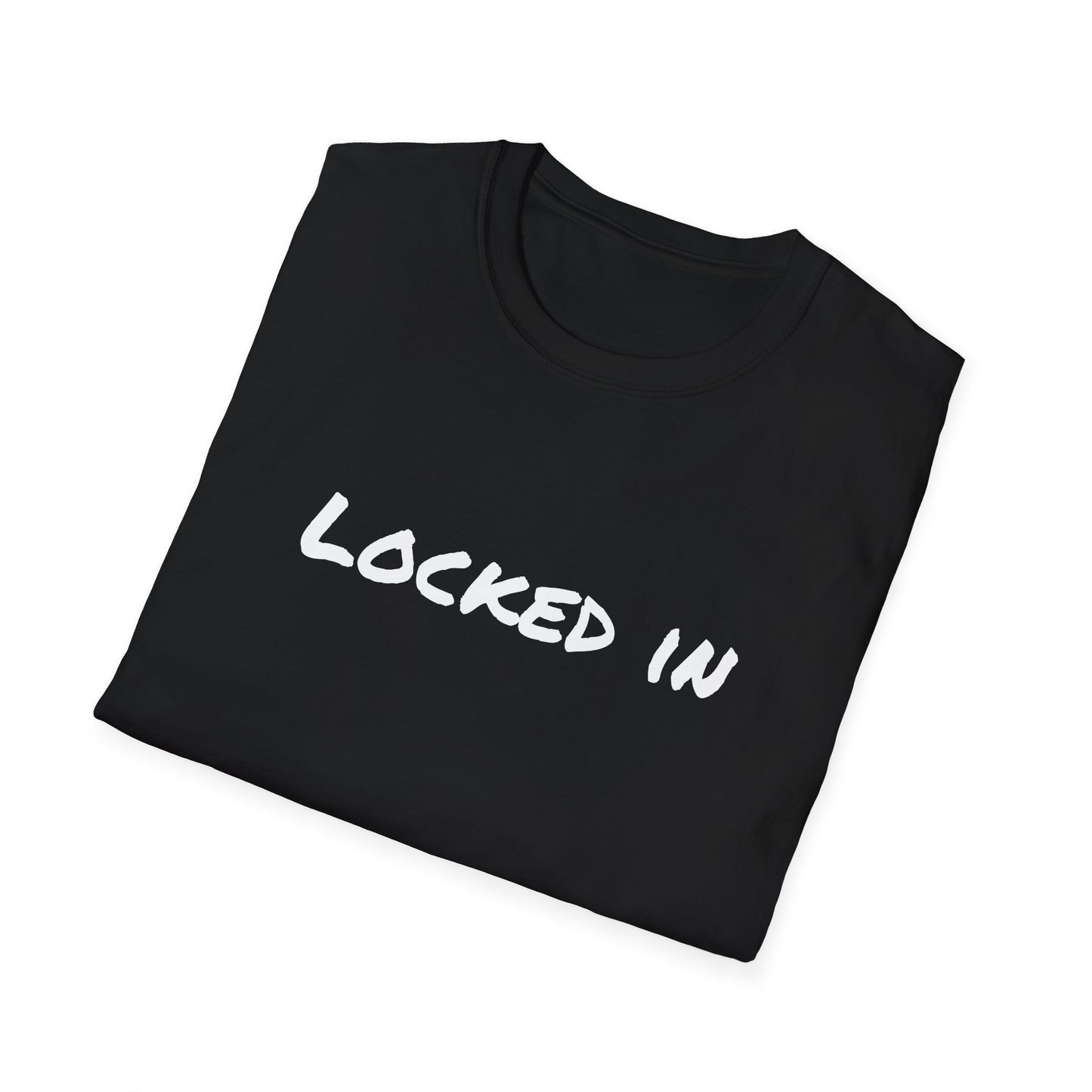 Printify black folded crew neck t shirt with white handwritten LOCKED IN print locked in t shirt motivational training tee