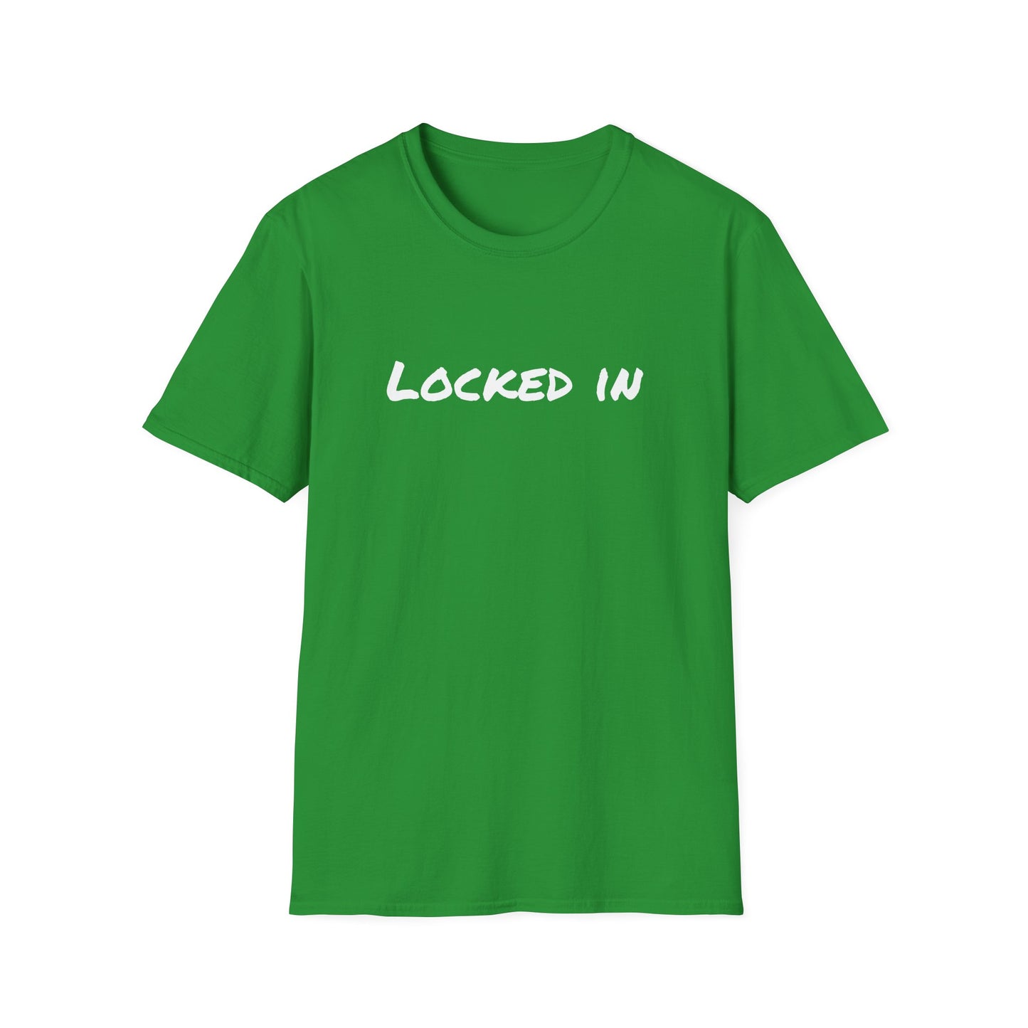 Printify green crew neck t shirt with white LOCKED IN text centered for workout apparel locked in t shirt motivational