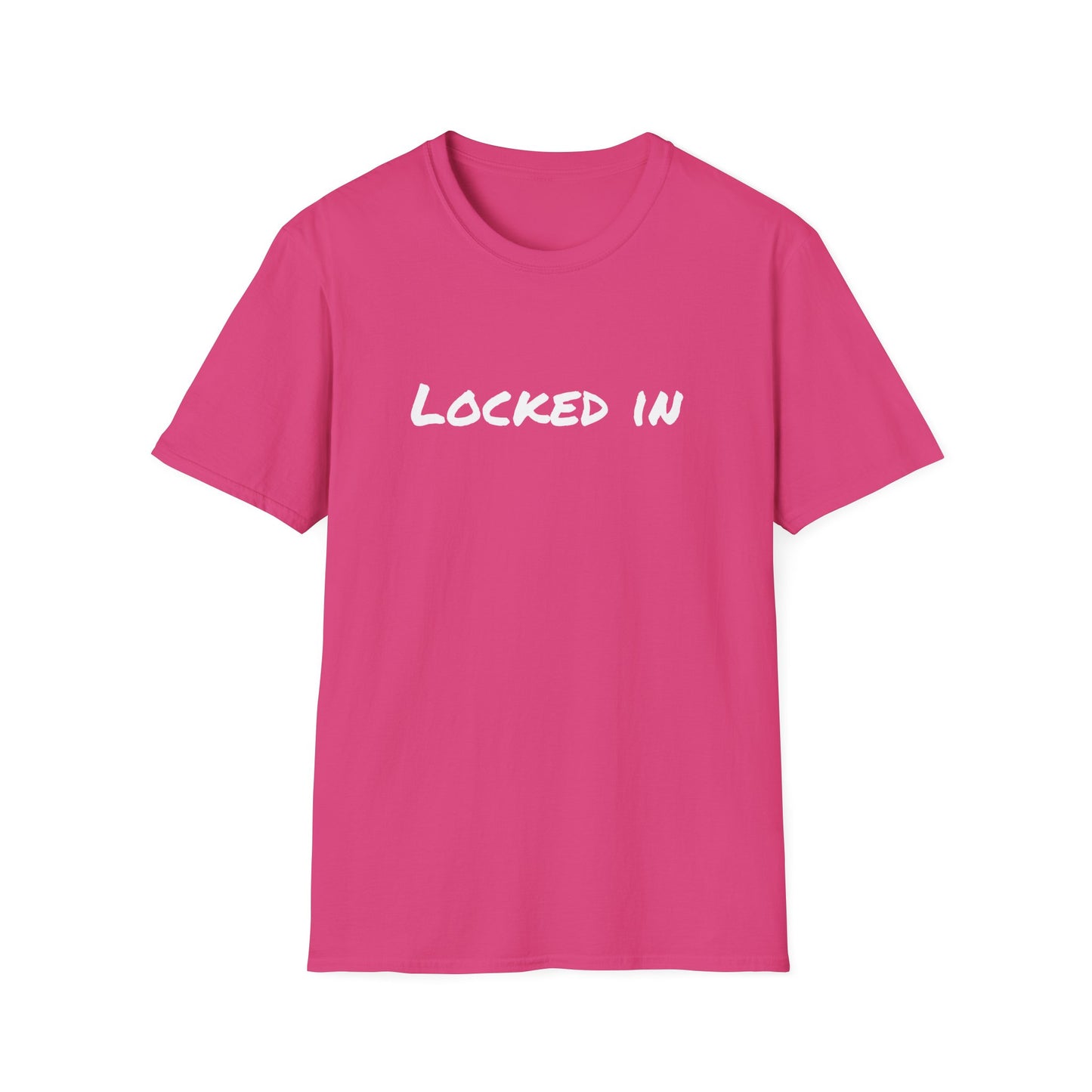 Printify pink unisex crewneck T shirt with white LOCKED IN text motivational design locked in t shirt motivational