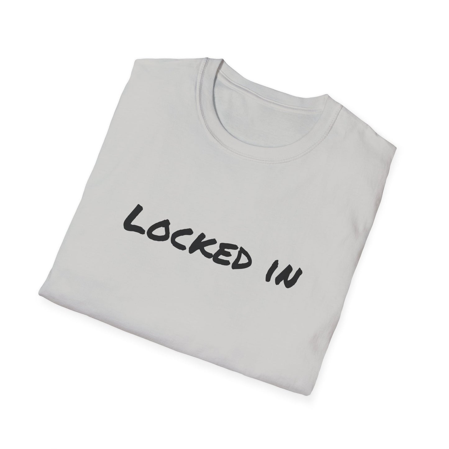 Printify white folded t shirt with black handwritten LOCKED IN print for athletes and focus fans locked in t shirt motivational