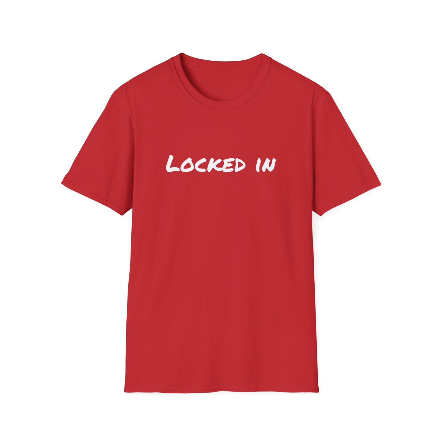 Printify red crew neck t shirt with white LOCKED IN front print casual workout tee locked in t shirt motivational