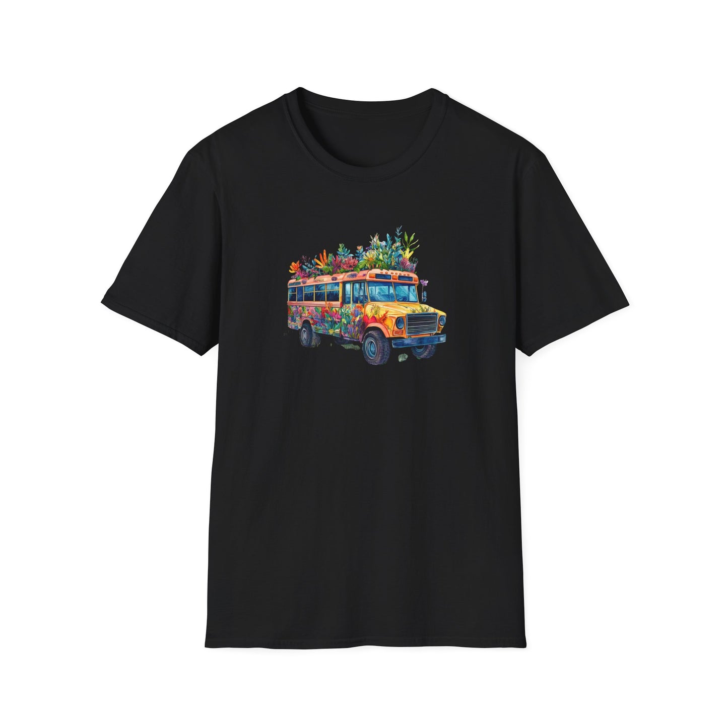 Black skoolie bus t-shirt featuring a vibrant bus design decorated with flowers