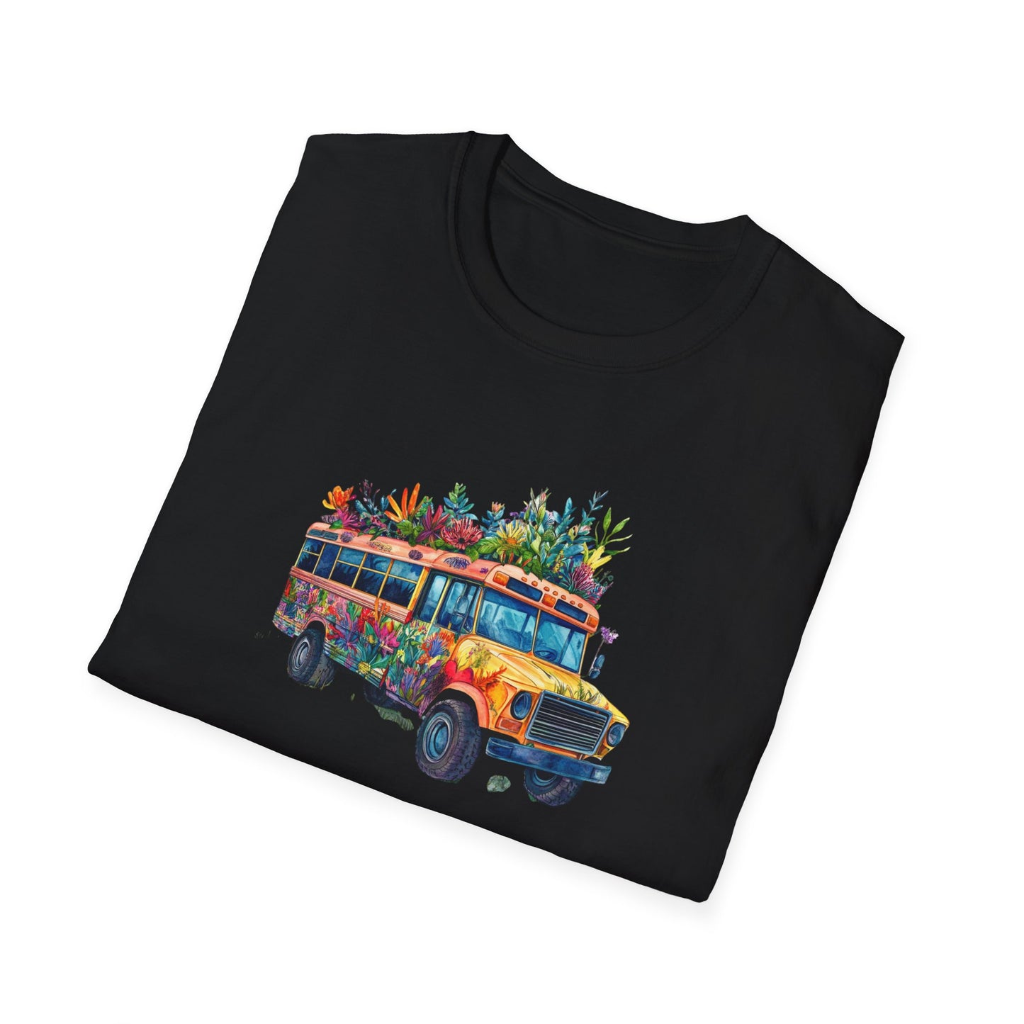 Black skoolie bus t-shirt featuring a vibrant floral design on a colorful bus illustration