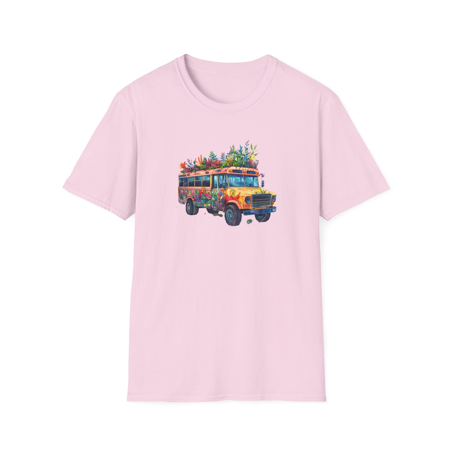 Light pink skoolie bus t-shirt featuring a vibrant bus graphic with floral designs