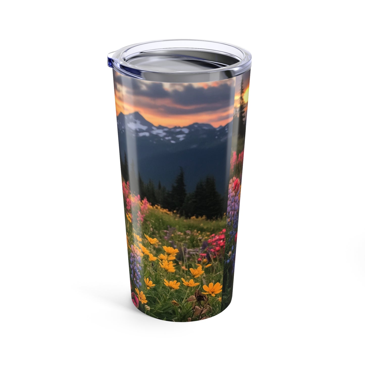 Sunset nature travel mug featuring vibrant flowers and mountains under a colorful sky