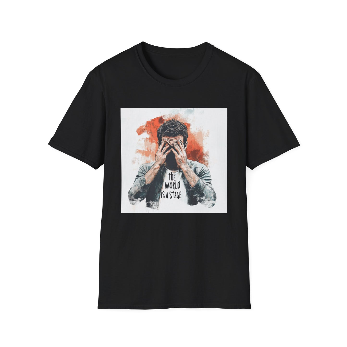 Black graphic t-shirt featuring the world is a stage graphic design on front