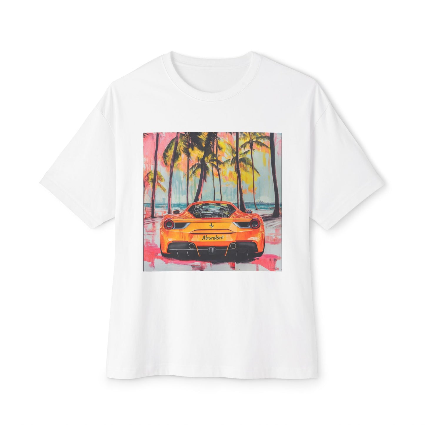 White tropical graphic tee featuring a colorful Ferrari design in a beach setting