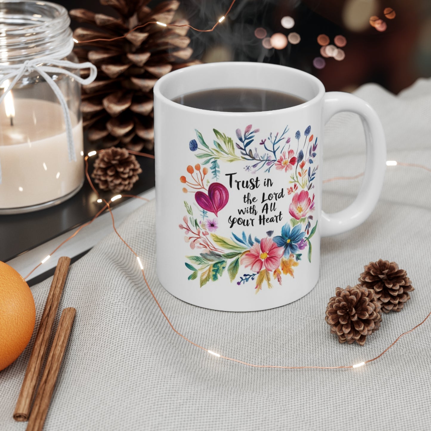 Trust the Lord coffee cup with floral design, perfect for enjoying your favorite hot beverages