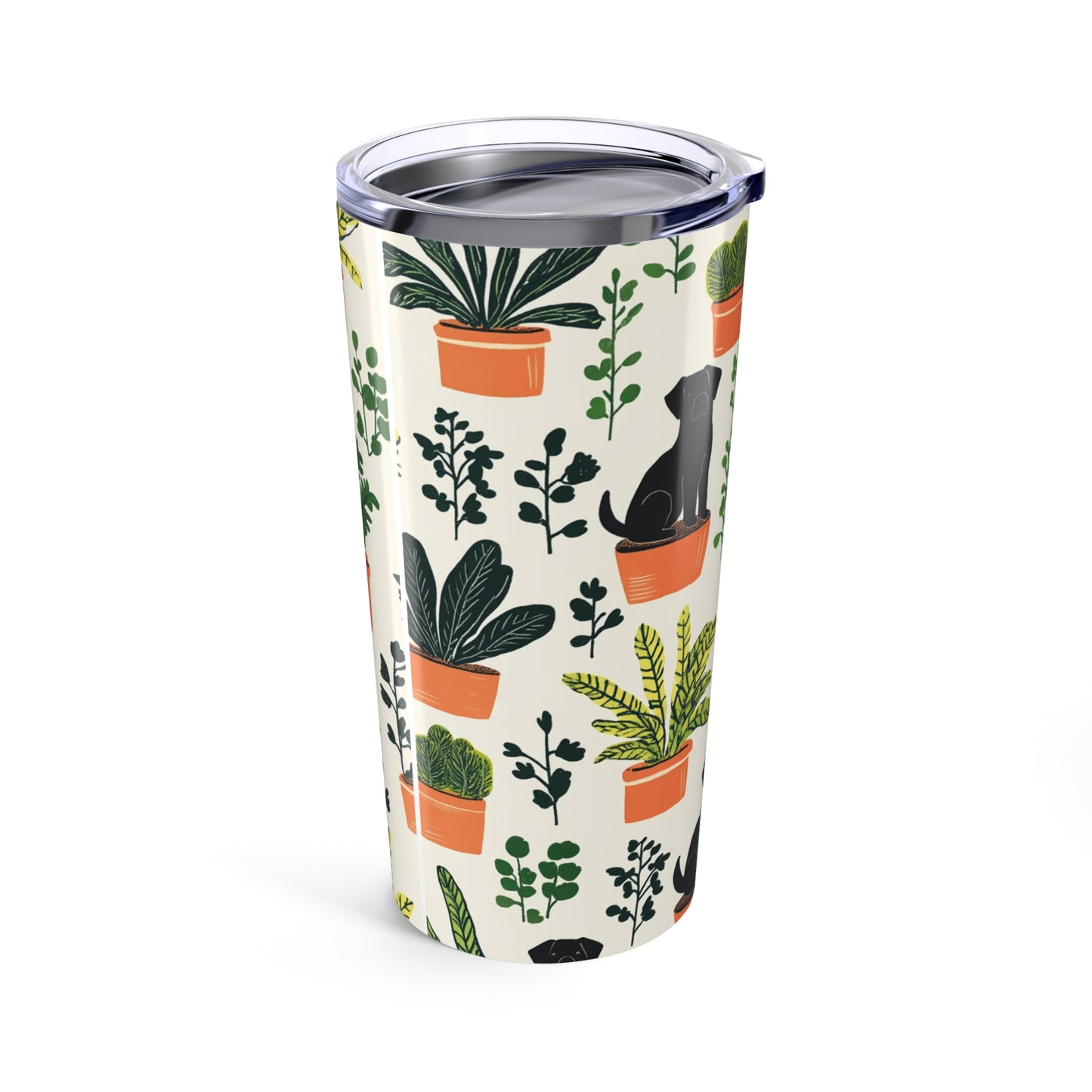 Colorful 20oz tumbler featuring an array of plants and dogs in pots for nature lovers