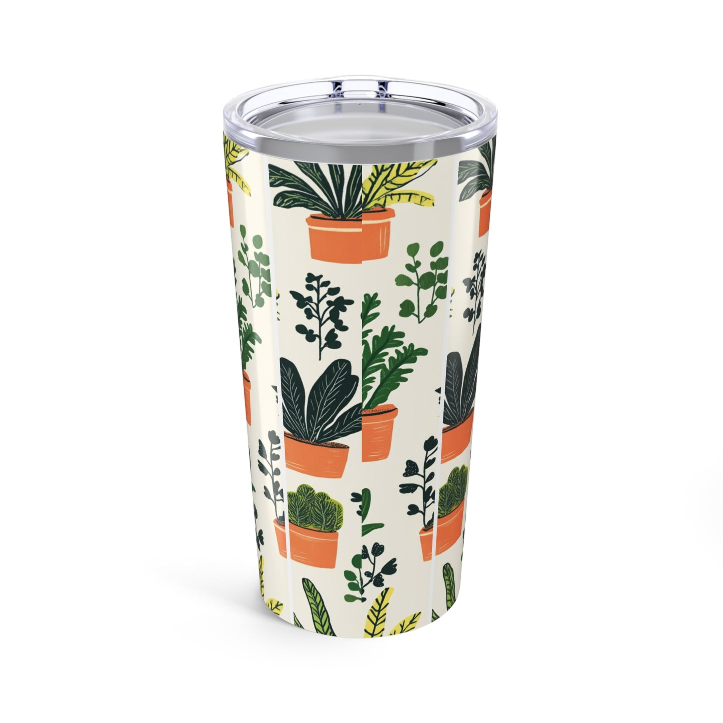 20oz tumbler with a colorful plant pattern and a clear lid for beverages