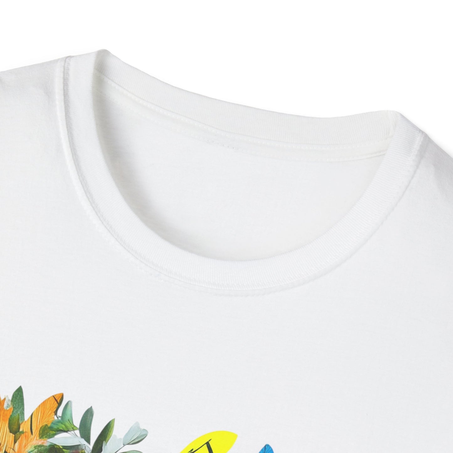 Close-up of a collar on a unisex graphic t-shirt featuring vibrant floral designs